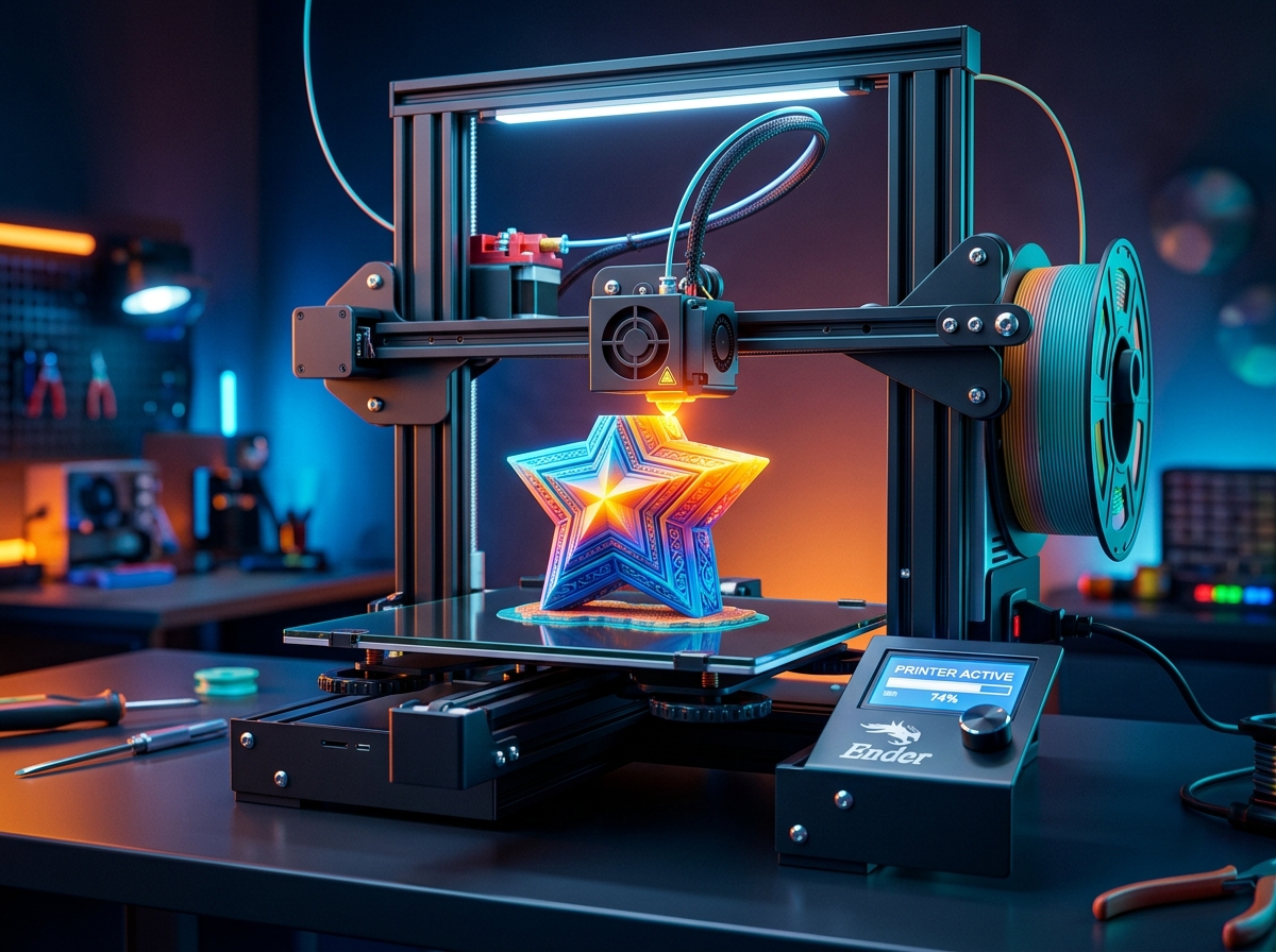 Impressora 3D em ação imprimindo peça gamer detalhada com iluminação neon